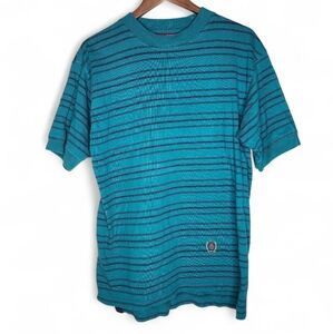 1990s Tommy Hilfiger Vintage Striped Tee in Teal and Black Size M